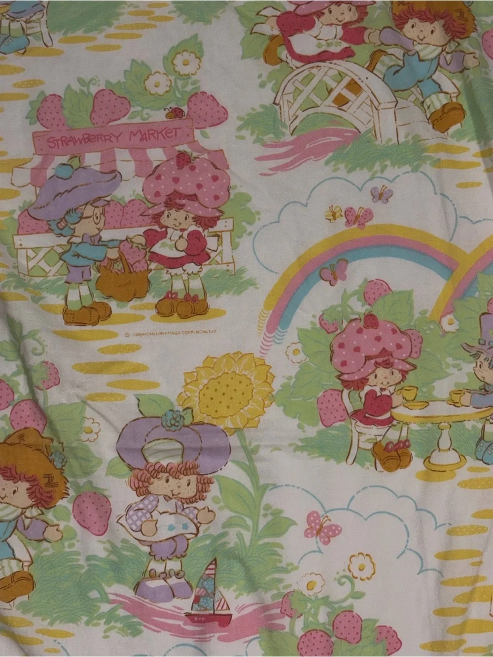 VTG 80s Strawberry Shortcake Twin flat Sheet American Greetings Rainbows Friends